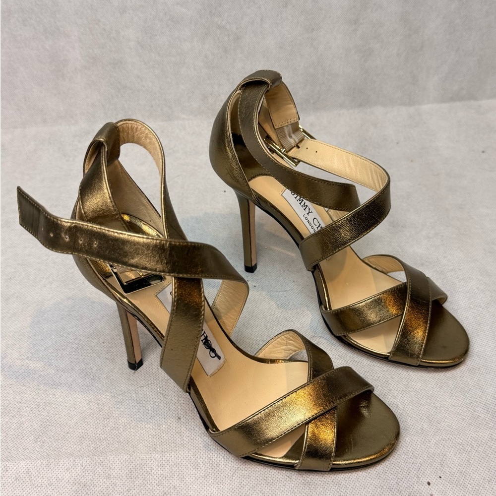 JIMMY CHOO Bronze Metallic Caged Strappy Sandal Heel SZ 35 Pre-Owned